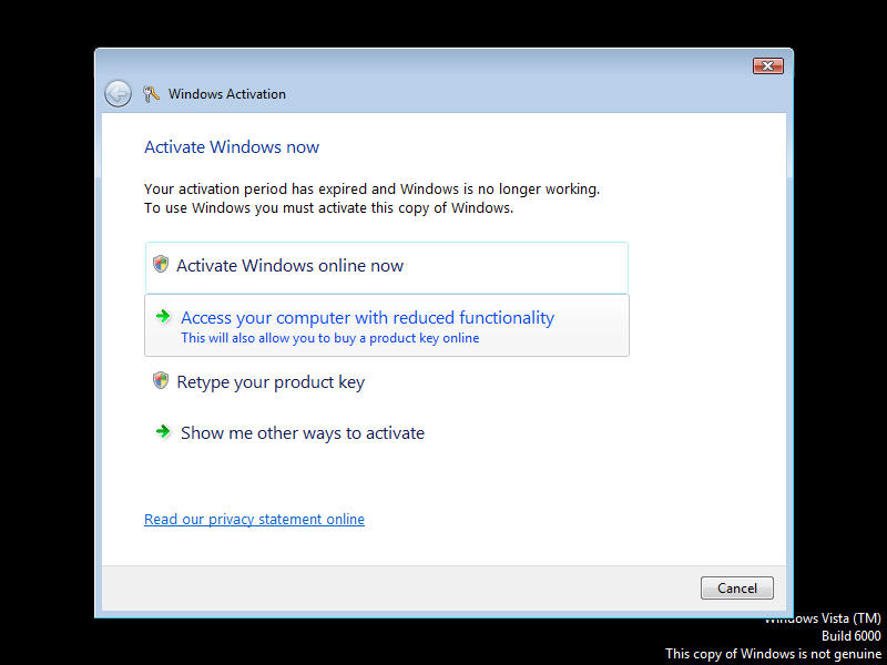 Windows Vista Reduced Functionality Mode