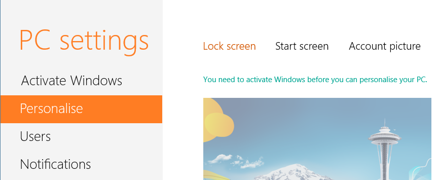 Here and there you will notice "Activate Windows" message. Also you can't personalize your theme in Windows 8.