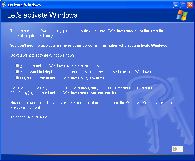 Windows XP activation Window